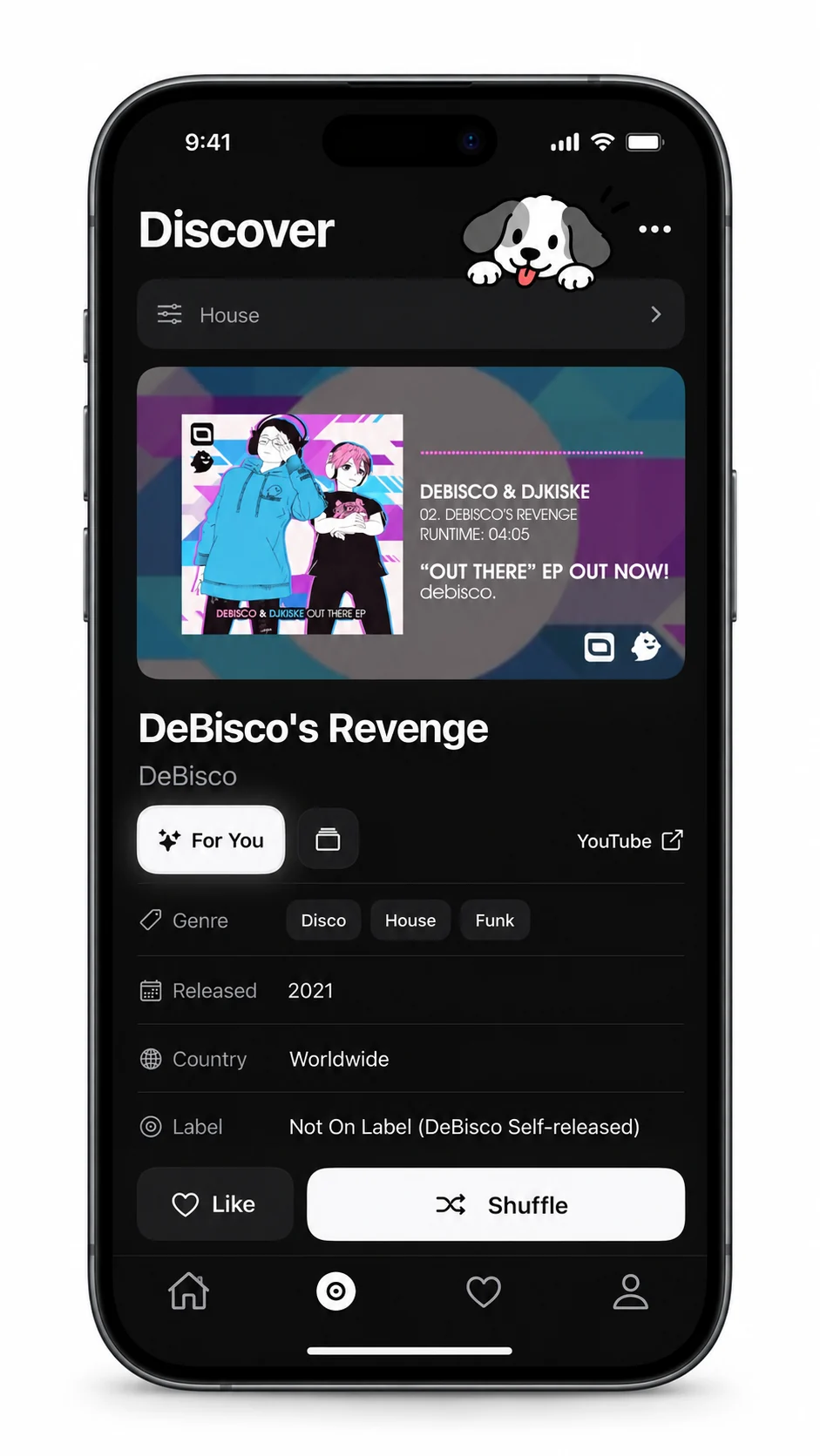Dark mode Discover screen showing DeBisco's Revenge with track details and shuffle controls