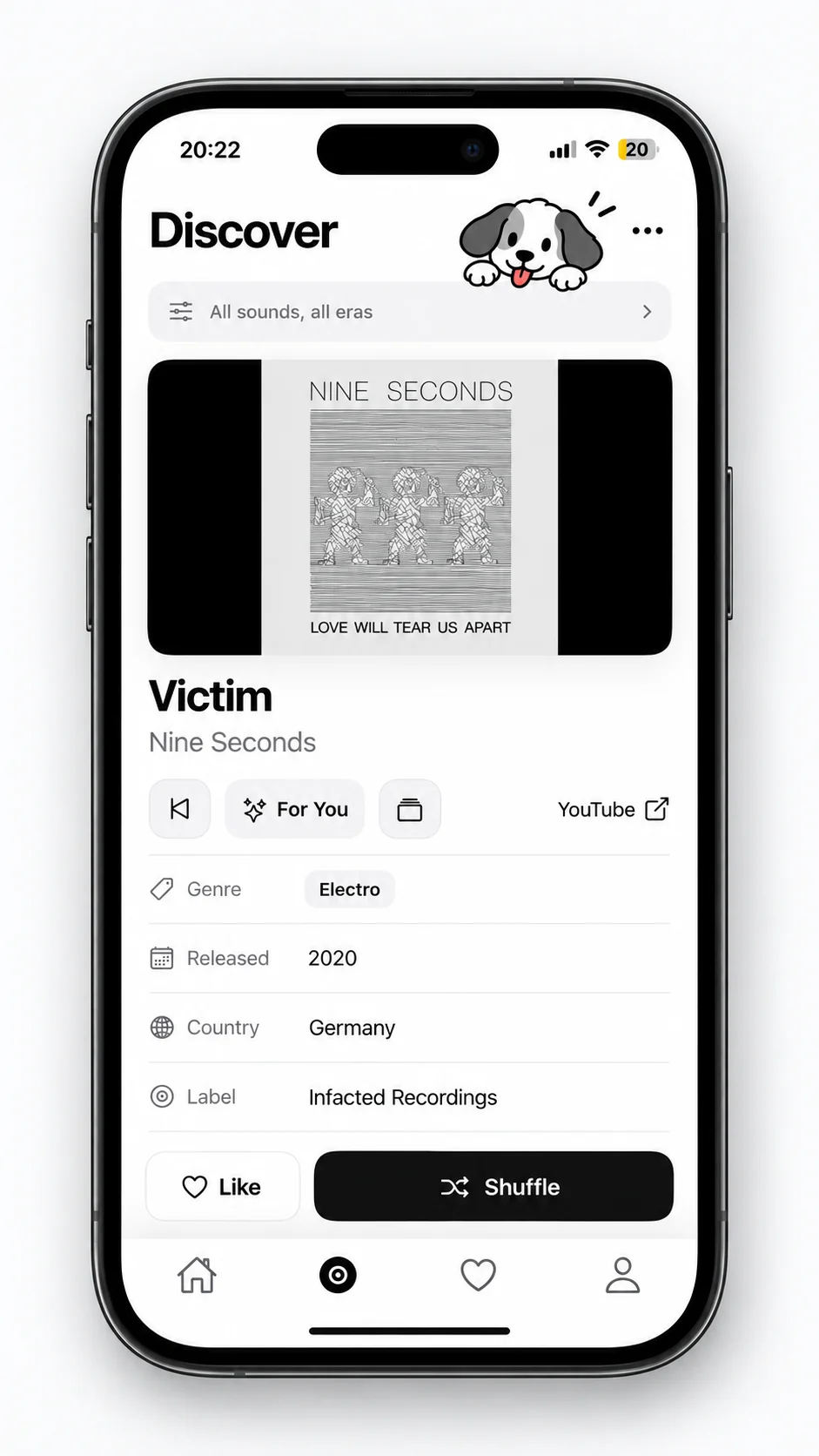 Discover screen in an iPhone showing the track Victim by Nine Seconds with genre, year, country and label details