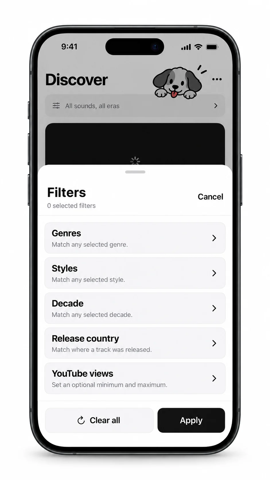 CrateSeek discovery filter sheet with genre, style, decade, release country and YouTube views