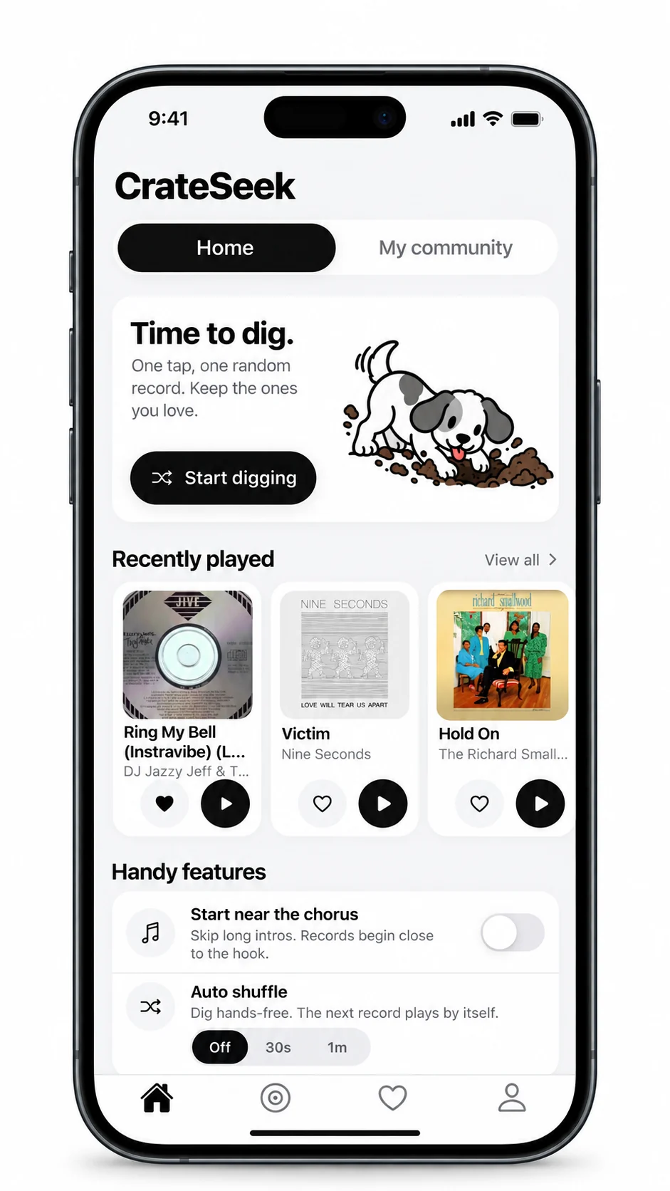 CrateSeek home screen with recently played records and start near the chorus and auto shuffle controls