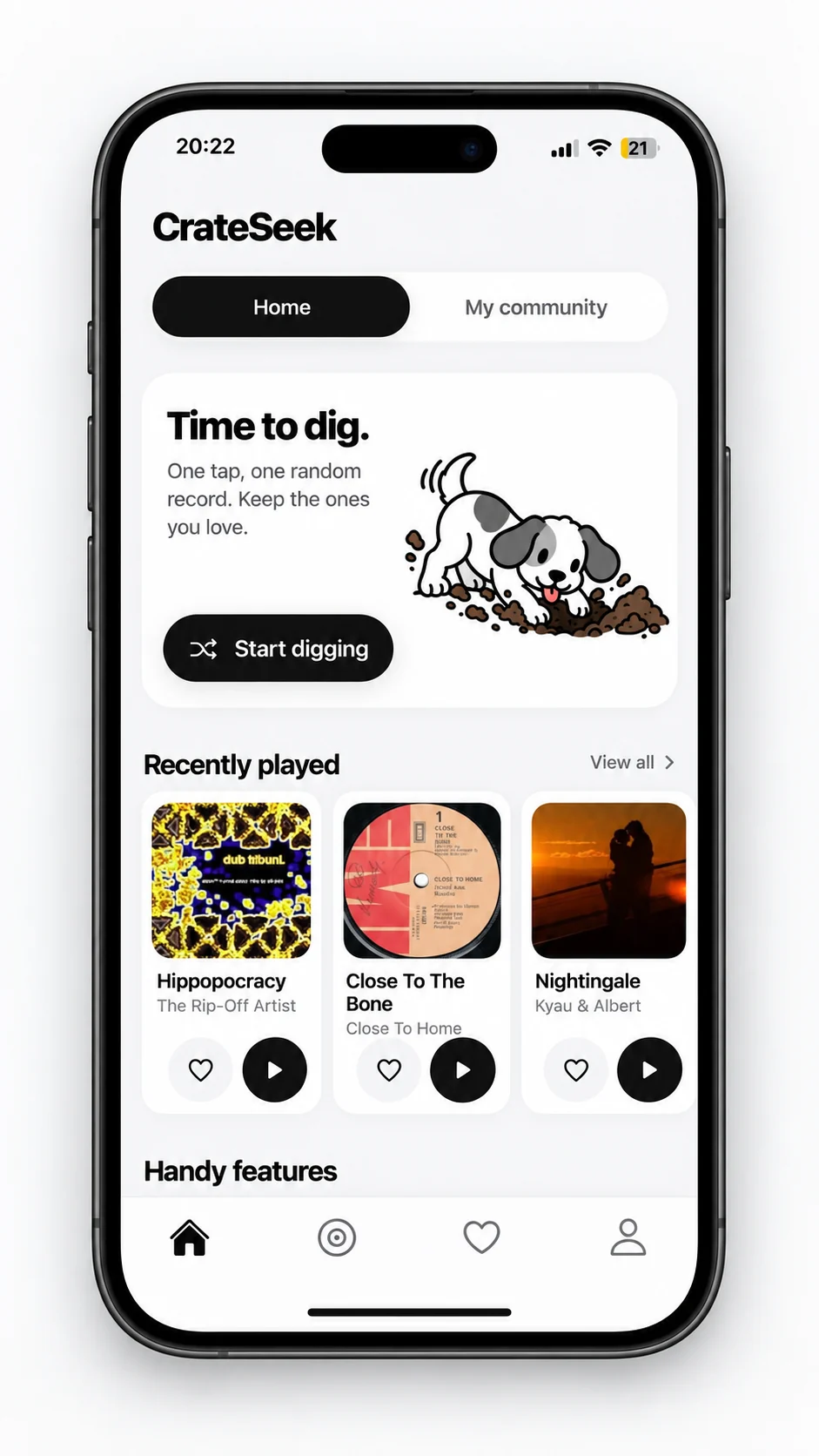 CrateSeek home screen in an iPhone with the Time to dig button, recently played records and handy discovery features