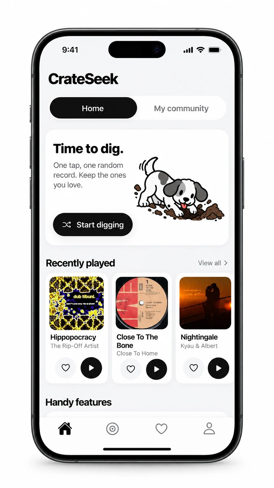 CrateSeek home screen highlighting Time to dig and recently played tracks