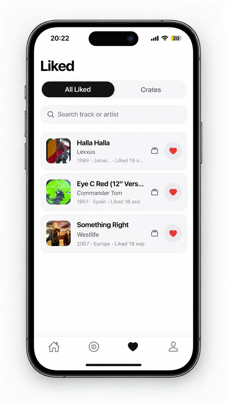 Liked screen in an iPhone with saved tracks, artists and crate controls