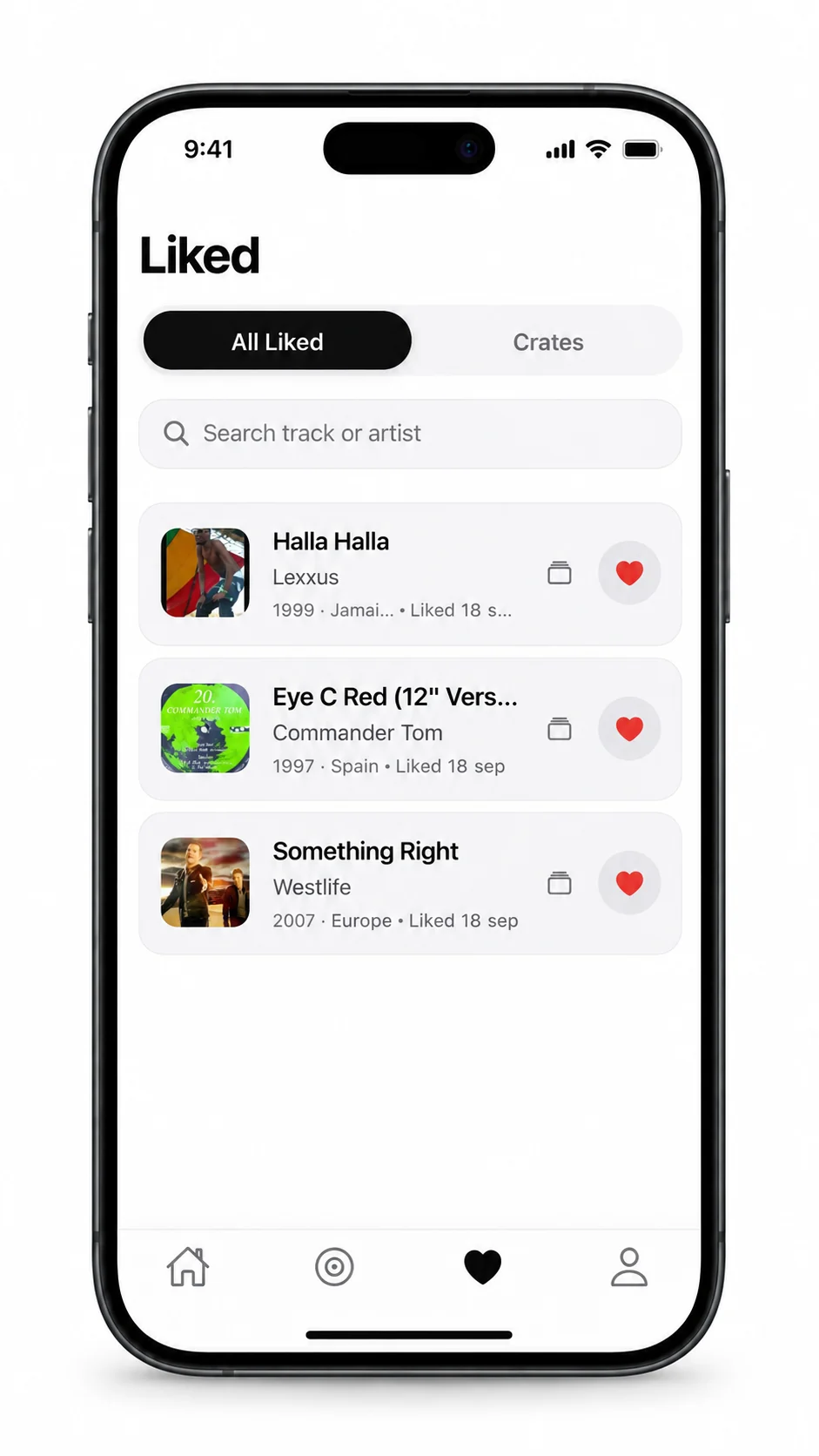 CrateSeek Liked screen displayed inside an iPhone frame