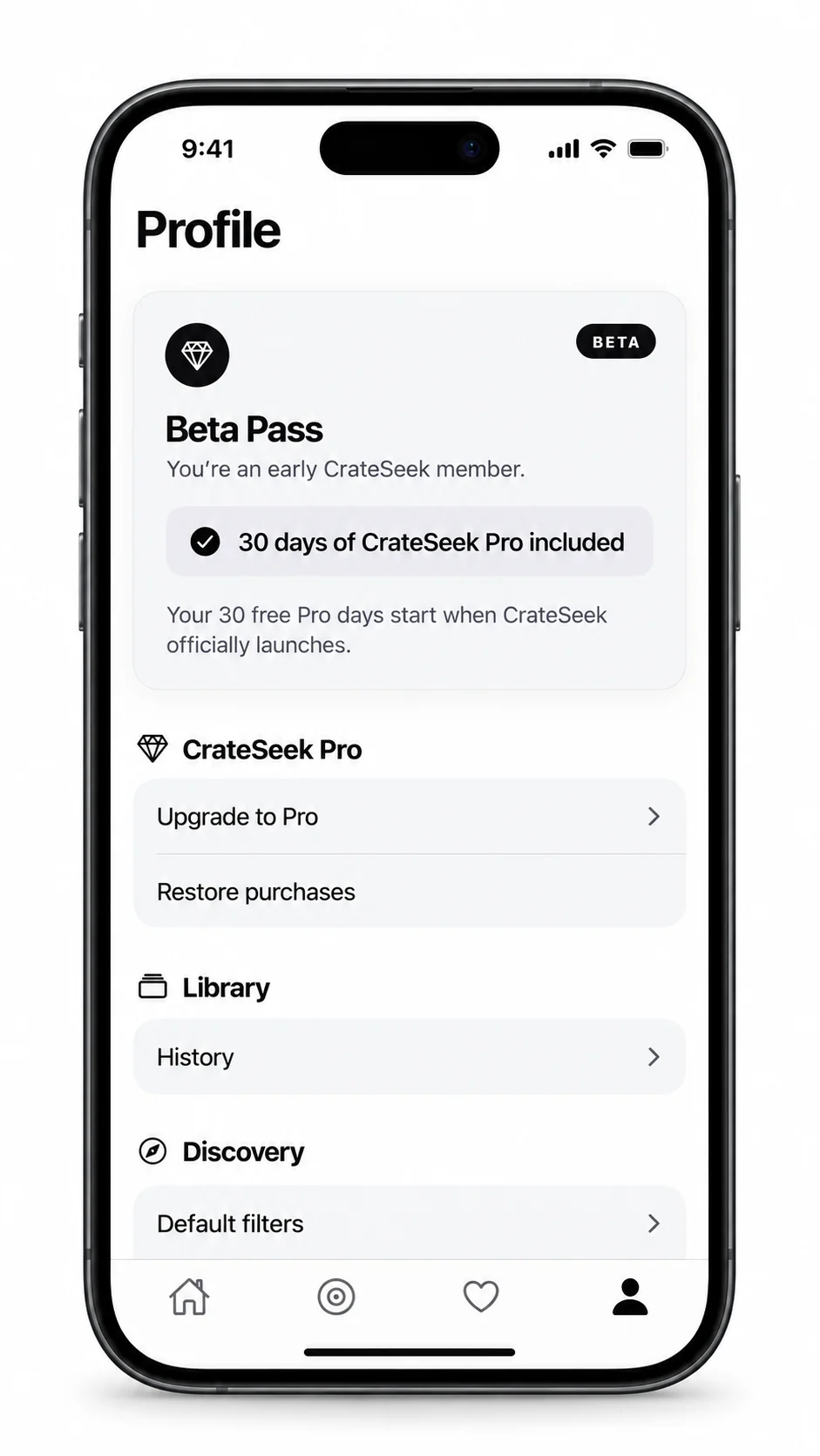 CrateSeek profile showing the Beta Pass and included Pro access