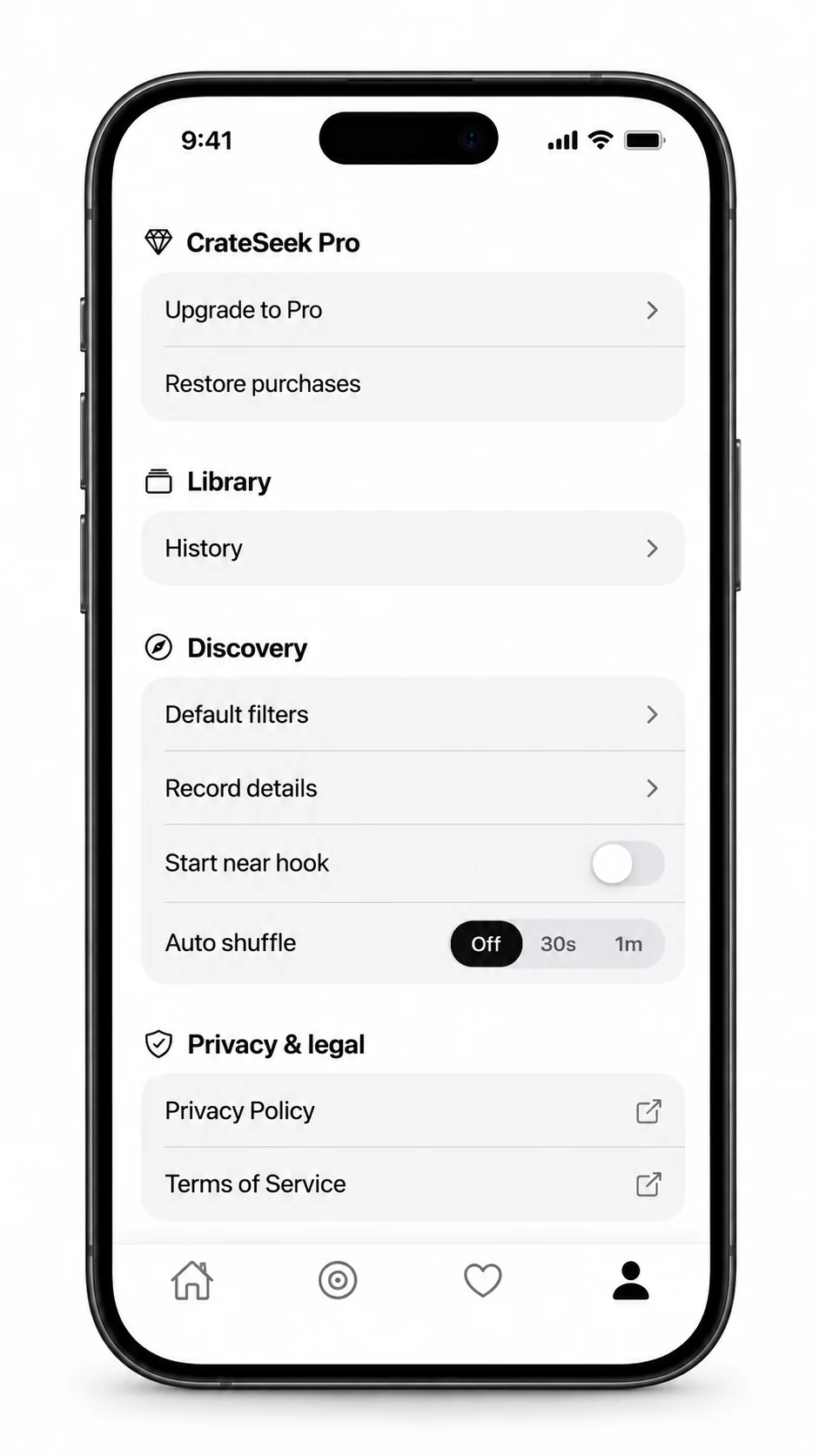 CrateSeek settings for Pro, library, discovery, privacy and legal information